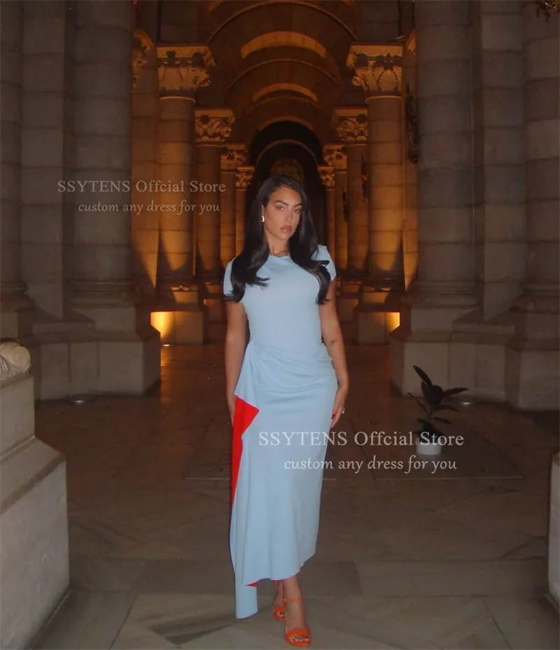 SSYTENS Elegant Blue Crepe Evening Dresses Saudi Arabric Ankle Length Prom Dresses Short Sleeves Formal Party Gowns Customized
