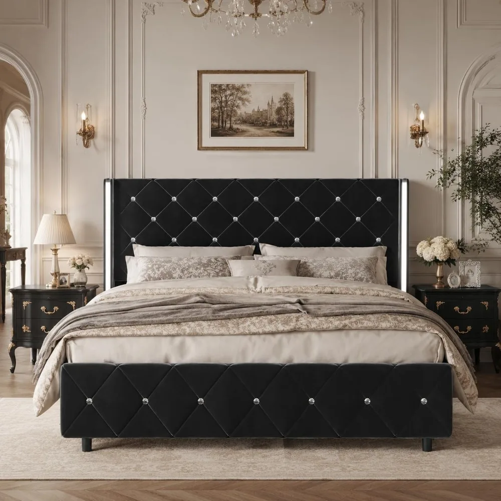 Queen Bed Frame, Silverside Wingback Headboard, Velvet Upholstered Bed Frame Queen Size with Diamond Tufted Design, Customized