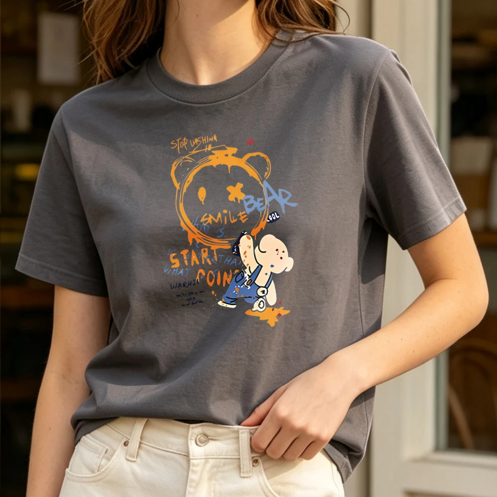 Smile Bear Graffiti T Shirt Unisex Hip Hop Streetwear Cartoon Bear Graphic Tees Men Women Short Sleeve O Neck Casual Cotton Tops