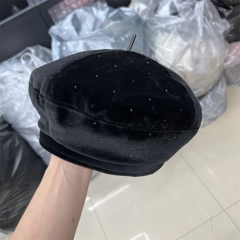 Velvet Full Diamond Beret Ladies Autumn And Winter Black Retro Literary Lady Warm Painter Hat