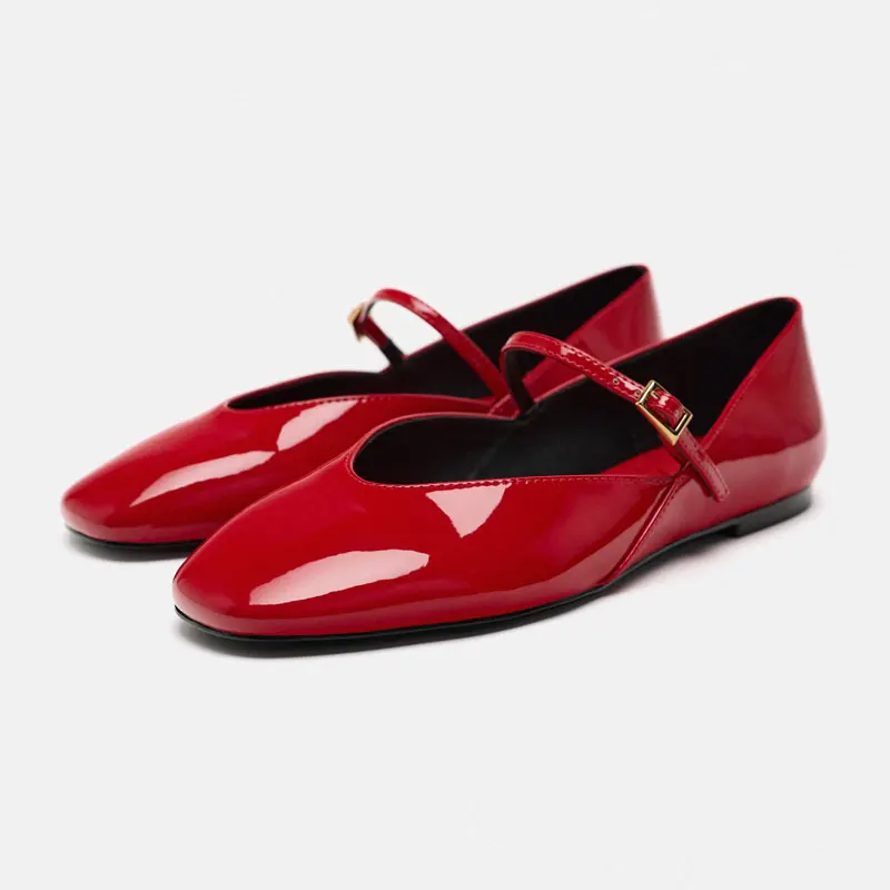 2024 Summer New Mary Jane Shoes Woman Patent Leather Square Toe Ballet Flats Shoes Red Buckle Single Shoes For Women