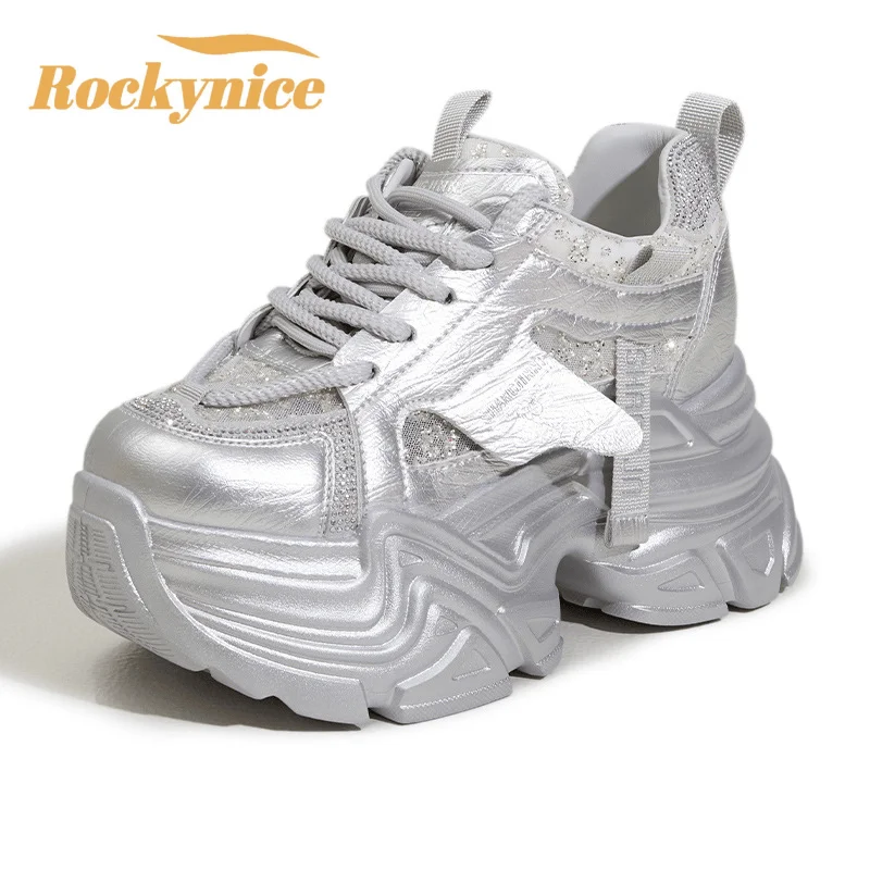 

Кроссовки из микрофибры на высокой платформе с воздушной сеткой, спортивная обувь для отдыха, женская вулканизированная обувь, блестящие кроссовки со стразами