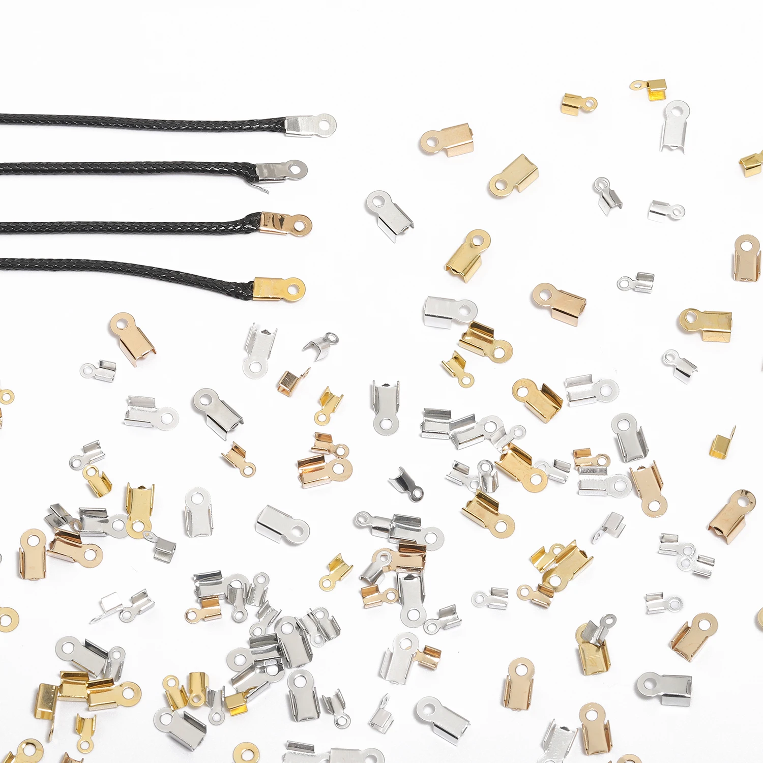200pcs 8x4mm 5.5x3mm Crimp Beads Cove Clasps Cord End Caps String Ribbon Leather Clip Foldover for Jewelry Making DIY Connectors