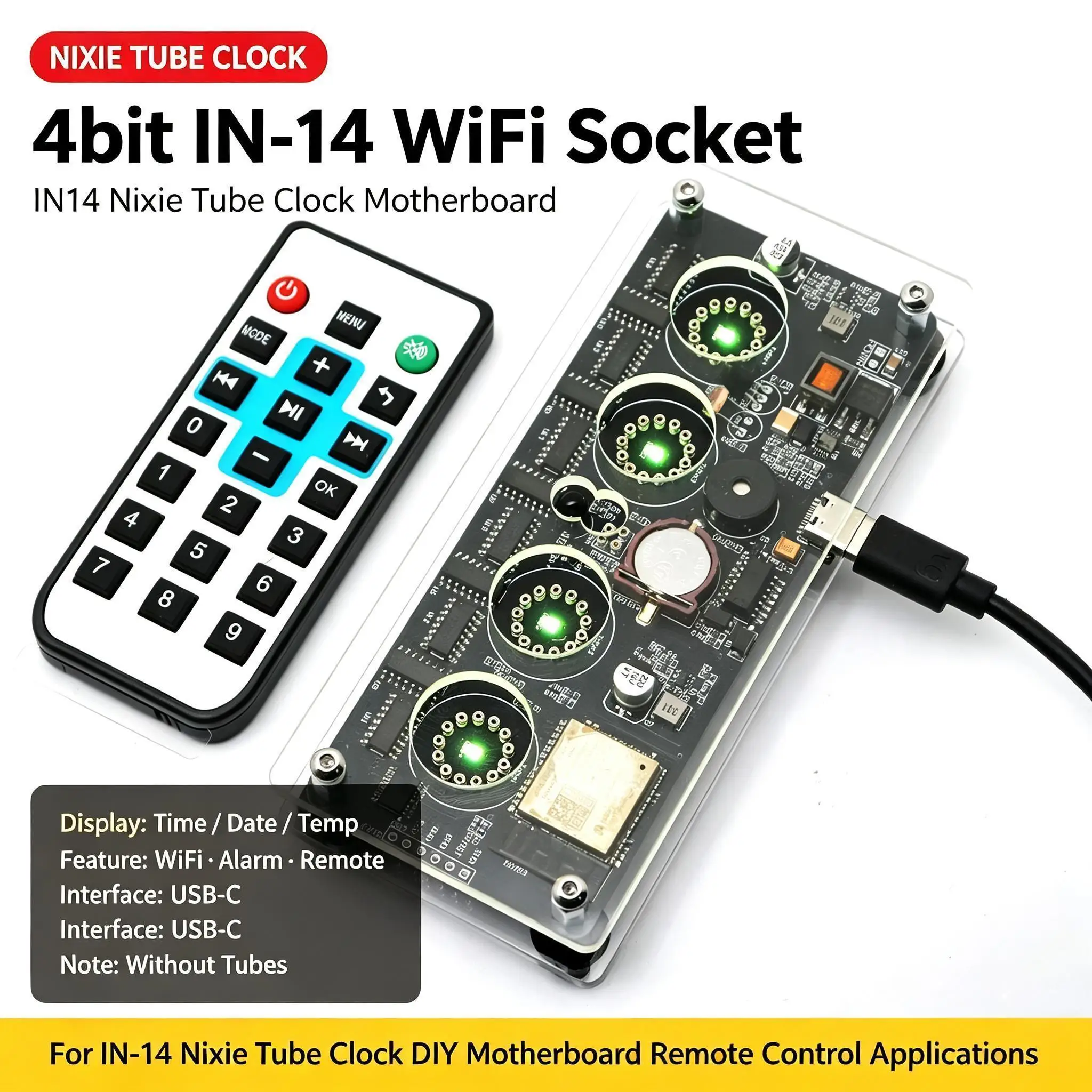 DYKB 4Bit IN-14 Nixie Tube Clock Driver Board WiFi NTP Time Sync Remote Control Temperature Display Date DIY Kit HAM Radio