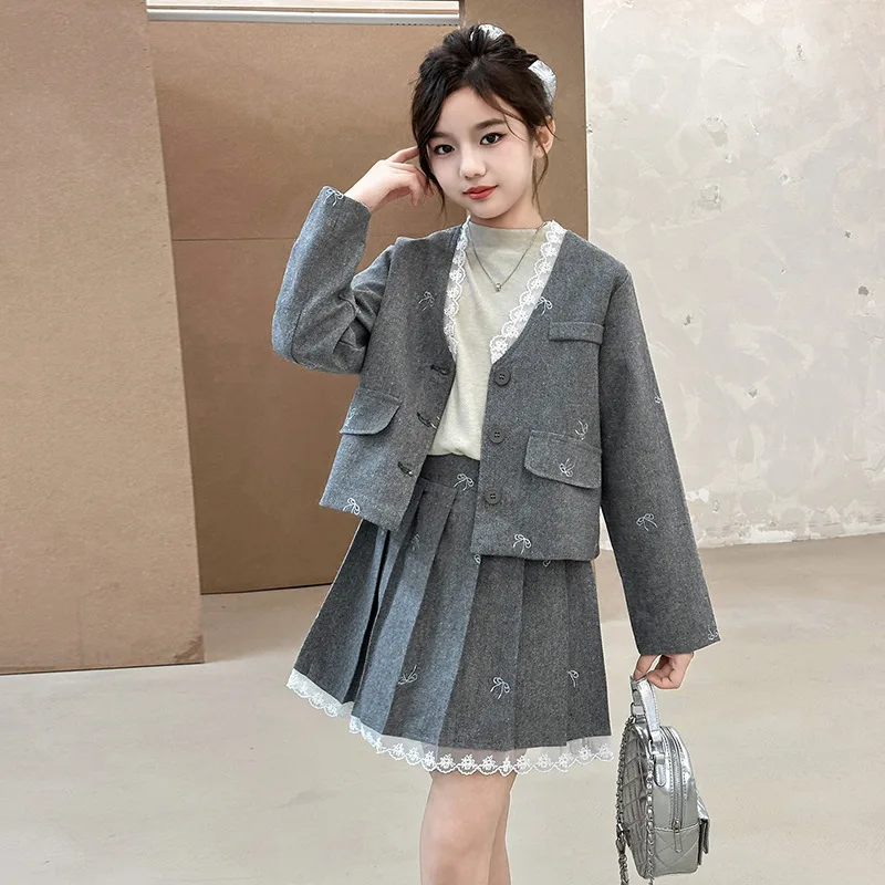 

Autumn School Girls Two-piece Suits Junior Girls Lace V-neck Coat Children Girls Pleated Skirt Kids Girls Bowknot Printed Outfit