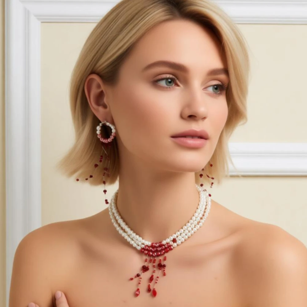 3pcs Vintage Multilayer Red Blood Imitation Pearl Tassel Pendant Necklace for Women Goth Crystal Bead Chain Halloween Jewelry