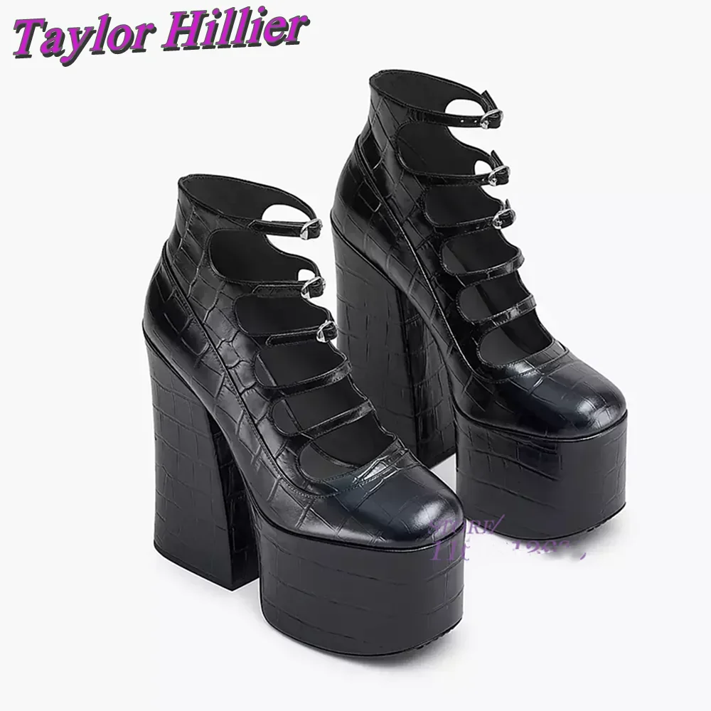 

Multi Buckles Platform Sandals Sliver Black Heels Square Toe Punk New Chunky Heel Dress Party Cover Heel Women Plus Size Shoes