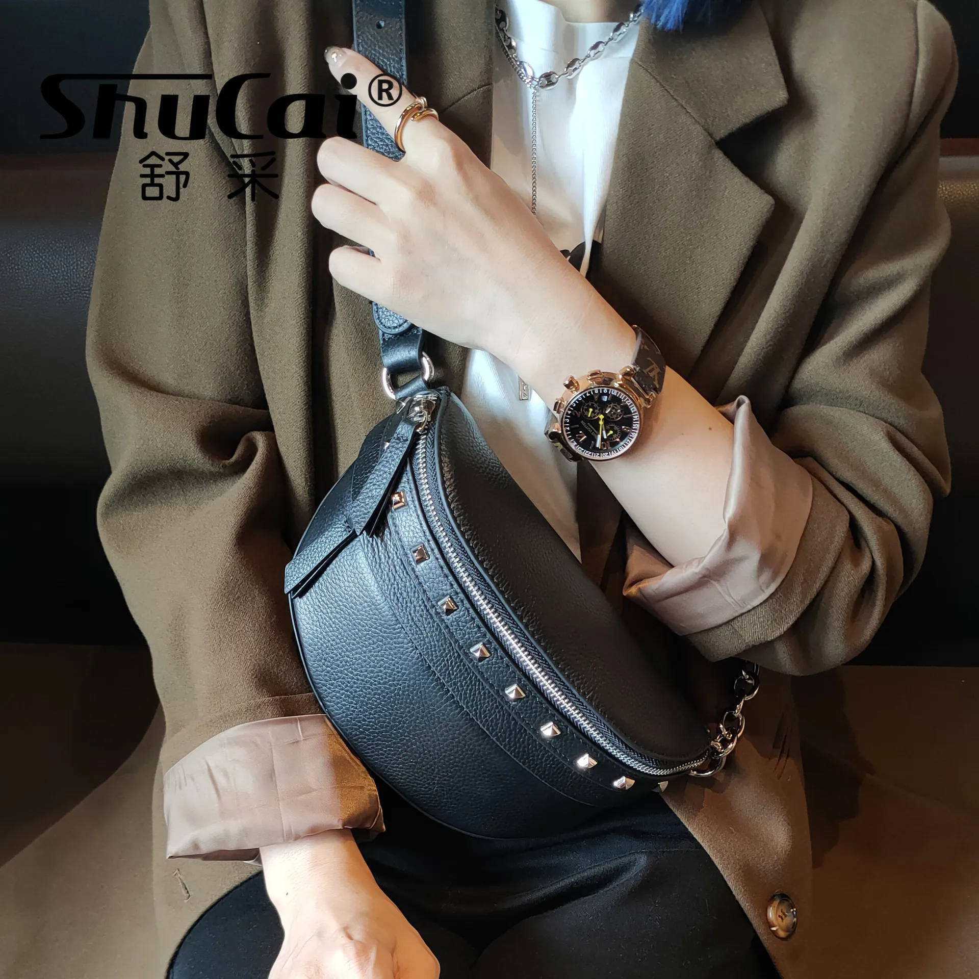 

Soft Leather Chest Bag Korean ins Genuine Leather Waist Bag Youth Willow Studded Single Shoulder Crossbody Bag