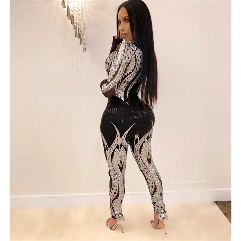 New See-through Sexy Nightclub Sequin Jumpsuit Black Gold Women Playsuit O-Neck Casual Pant Suits Stage Costumes