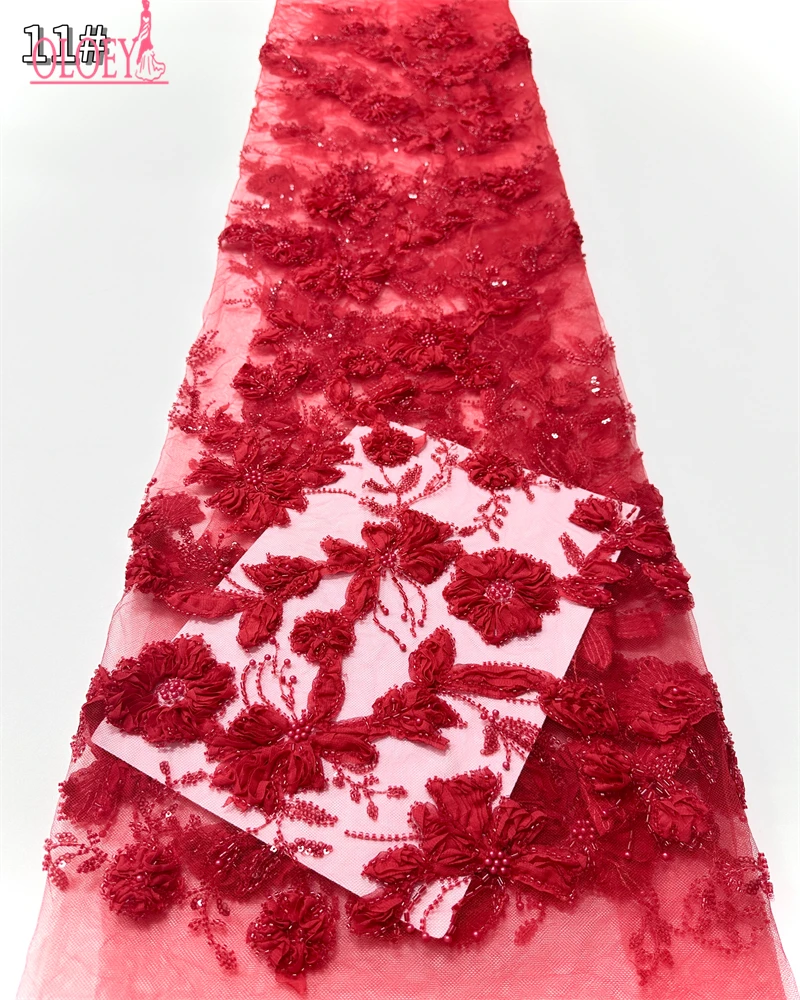 OLOEY Kain Renda Pesta Nigeria dengan Payet dan Manik-manik Afrika Berkualitas Tinggi 5 Yard Kain Tulle Prancis Afrika untuk Pesta Pernikahan