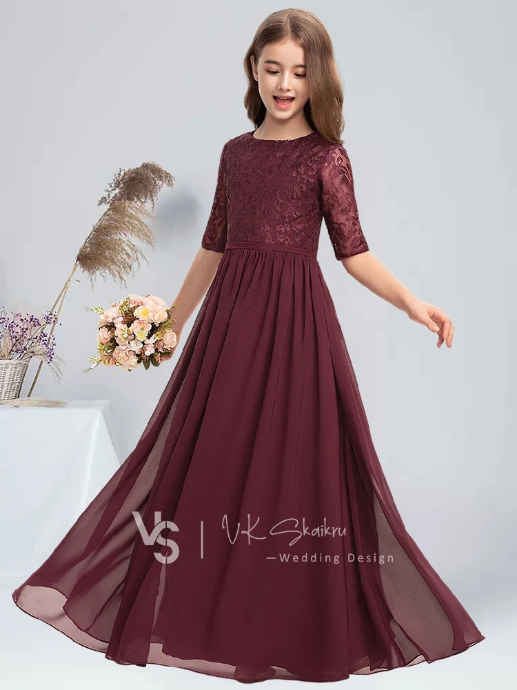 A-line Scoop Floor-Length Chiffon Lace Junior Bridesmaid Dress Princess Cabernet Little Girl Flower Girl Dress for Wedding Party