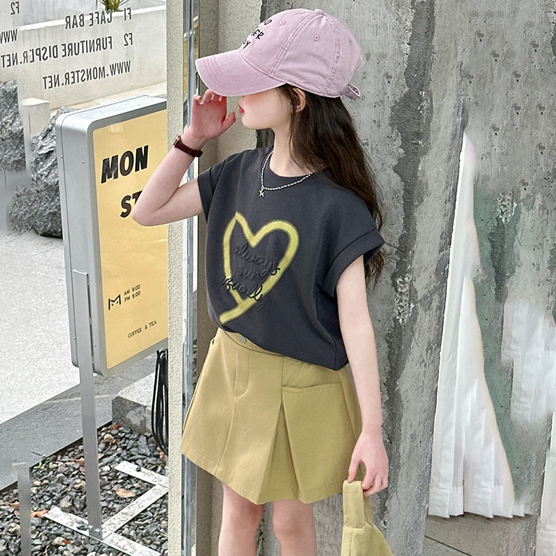 Girls Suit Summer Sweet Heart Print Short Sleeve T-Shirt And Pleated Mini Skirt With Pockets Two Piece Set Children's Clothing
