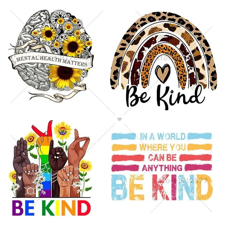 Be Kind Rainbow Leopard Mental Health Brain Ready to Press on Garment Custom Ready to press DTF Transfers custom patch