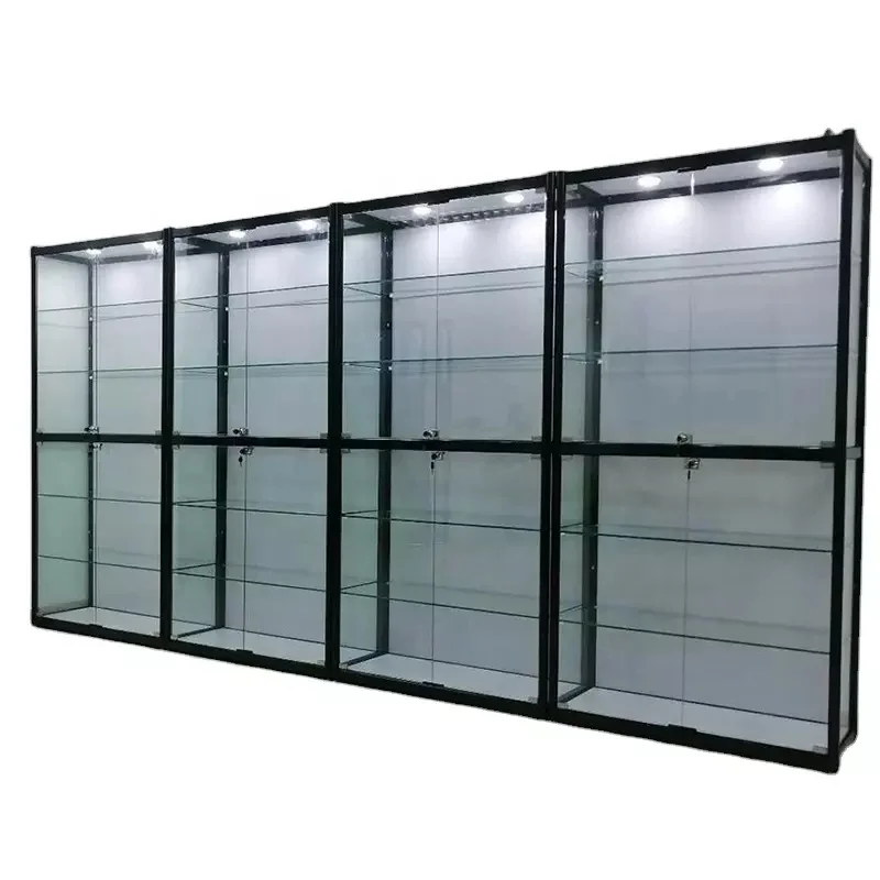 custom，Full View Aluminum Frame Lockable Vertical Vitrine Display with Led Lights Glass Display Showcase Cabinet