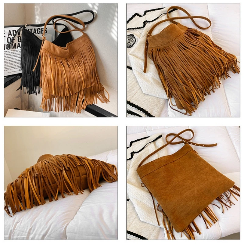 Sac à bandoulière en daim et cuir PU pour femmes, sac à bandoulière à franges, grande capacité, sac à main de voyage pour femmes
