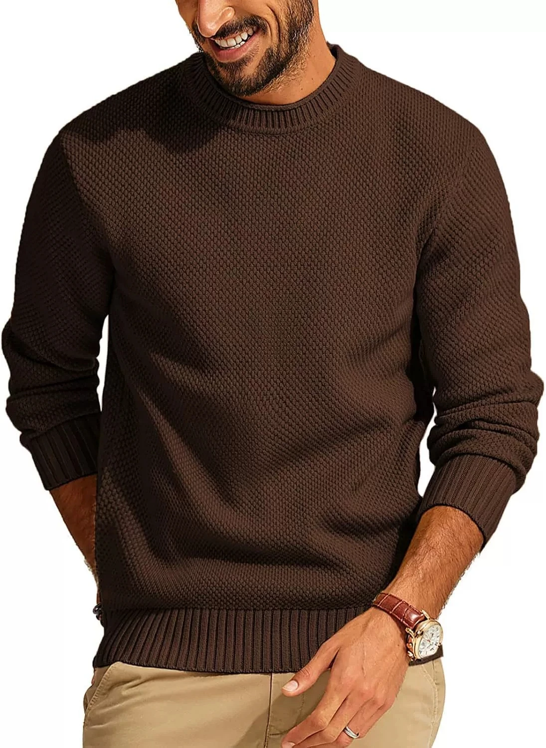 

New solid color round neck sweater pullover knitted sweater men's woolen sweater waffle casual men's clothing