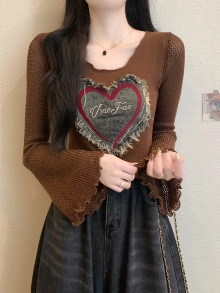 

Women's Red Pullover Knitted Sweater Harajuku 90s Aesthetic Y2k Long Sleeves Sweaters Fashion Vintage 2000s Clothes 2024 Autumn