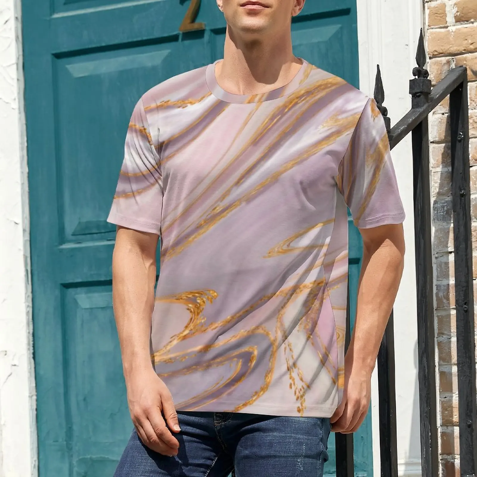 Summer T-Shirt Liquid T-Shirts Rose Marble and Gold Y2K Fun Popular Tee Shirt For Men Short-Sleeved Custom Oversized Clothes