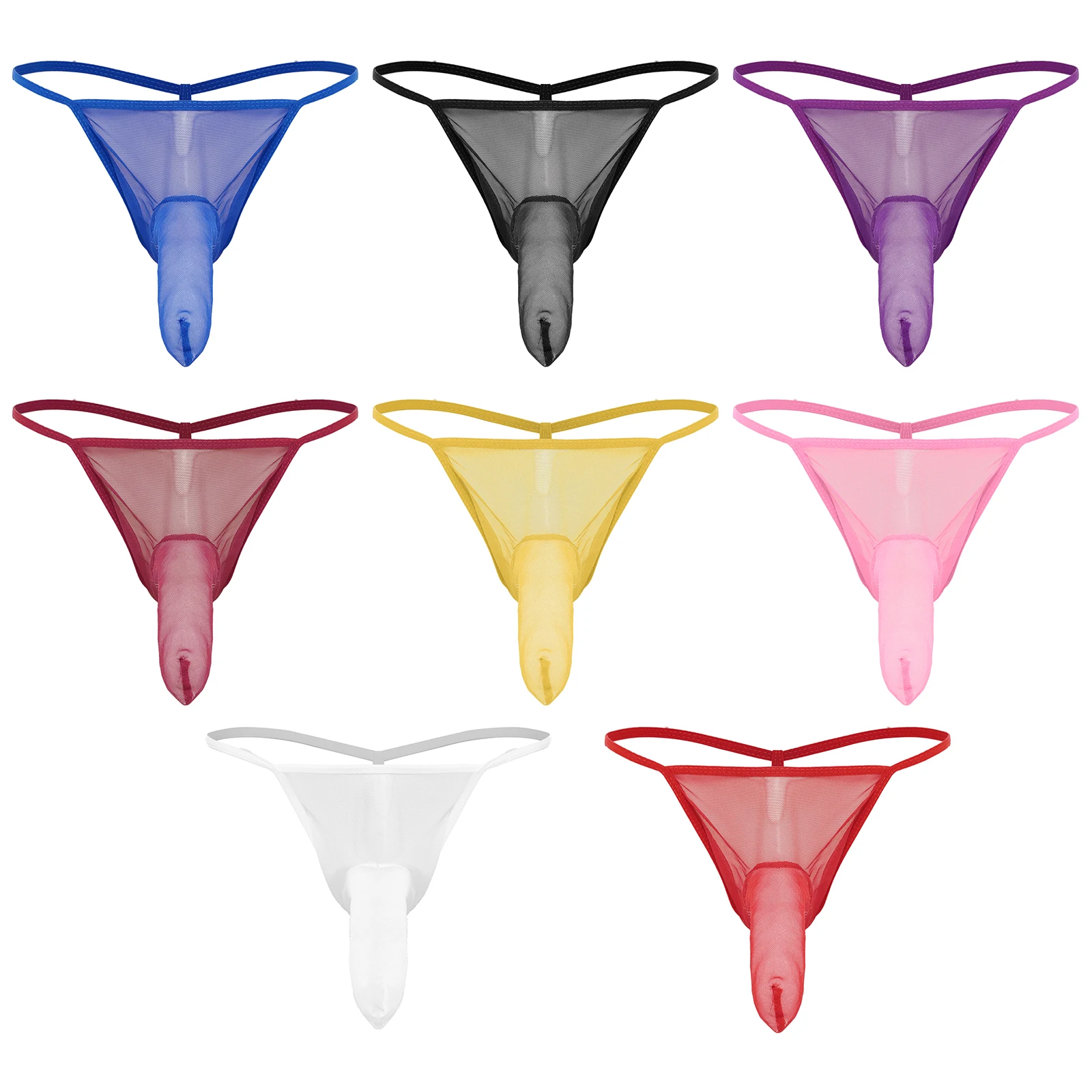 Mens See Through Mesh Thong Underwear Spaghetti Waistband Bulge Pouch with Sheath T-back Briefs Swimwear Nightwear Micro Panties