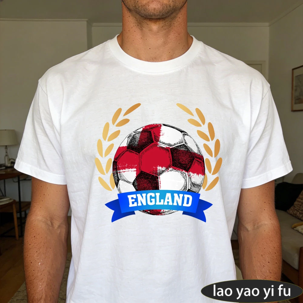 England Football Printed Tee Soccer Ball Lover T-Shirt Soccer Part Supplies Short Sleeve Sports Fans Men Unisex Casual Cotton T
