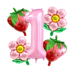 5Pcs Fruit Strawberry Flower Foil Balloons with 40inch Pink Number Balloon Berry First Birthday Girl Sweet Summer Party Supplies