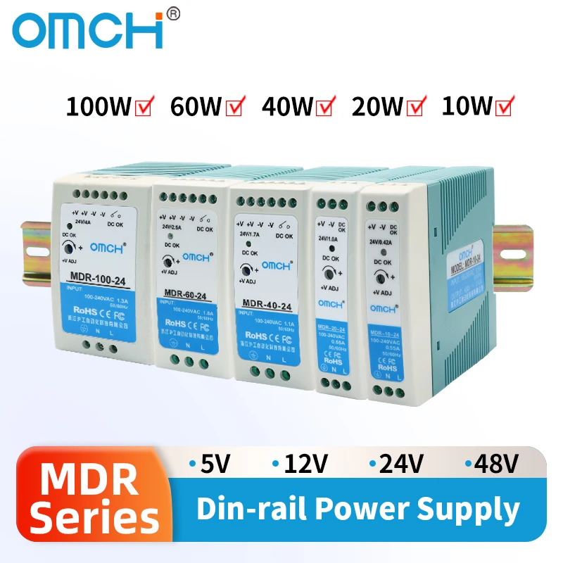 OMCH MDR-10 20/40/60/100W Din rail Switching power supply 100-240VAC 5V/12V/24V/48V output SMPS