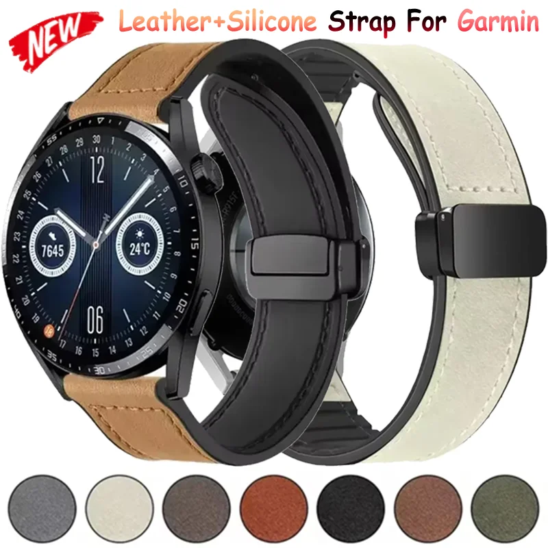 22/20 مللي متر جلد + حزام سيليكون للغارمين Forerunner 55 165 265 965 سوار معصم مغناطيسي Garmin Vivoactive 6 5/Venu 3 2/Active 5 6