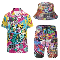 Disco Cosplay 80s 90s Outfit Tracksuit Adult Retro Shirts and Shorts Set with Bucket Hat Halloween Carnival Party  Suit