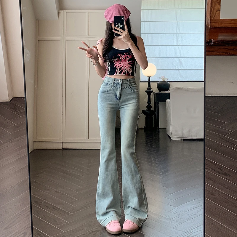 

2025 Spring New Light Blue Denim Design Fashion Casual Durable Flared Pants High Waist Slimming Long Pants for Women