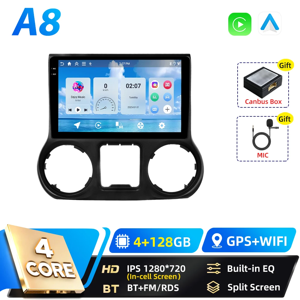 Podofo Qualcomm 8-core 2-DIN Android autoradio voor Jeep Wrangler 2011-2014 met DSP, Android Auto, BT, GPS, FM, WIFI, RDS en Carplay.