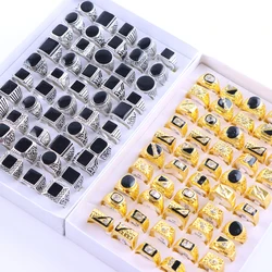 30Pcs/Lot Vintage Geometric Black Silver Gold Plated Rings for Men Women Wedding Jewelry Accessories Party Gifts Mix Style