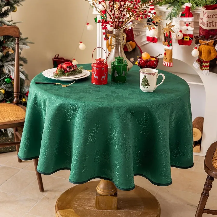 

Green Christmas Tablecloth Jacquard Fabric Winter Poinsettia Round Table Cloth Countryside Waterproof Kitchen Dining Xmas Party