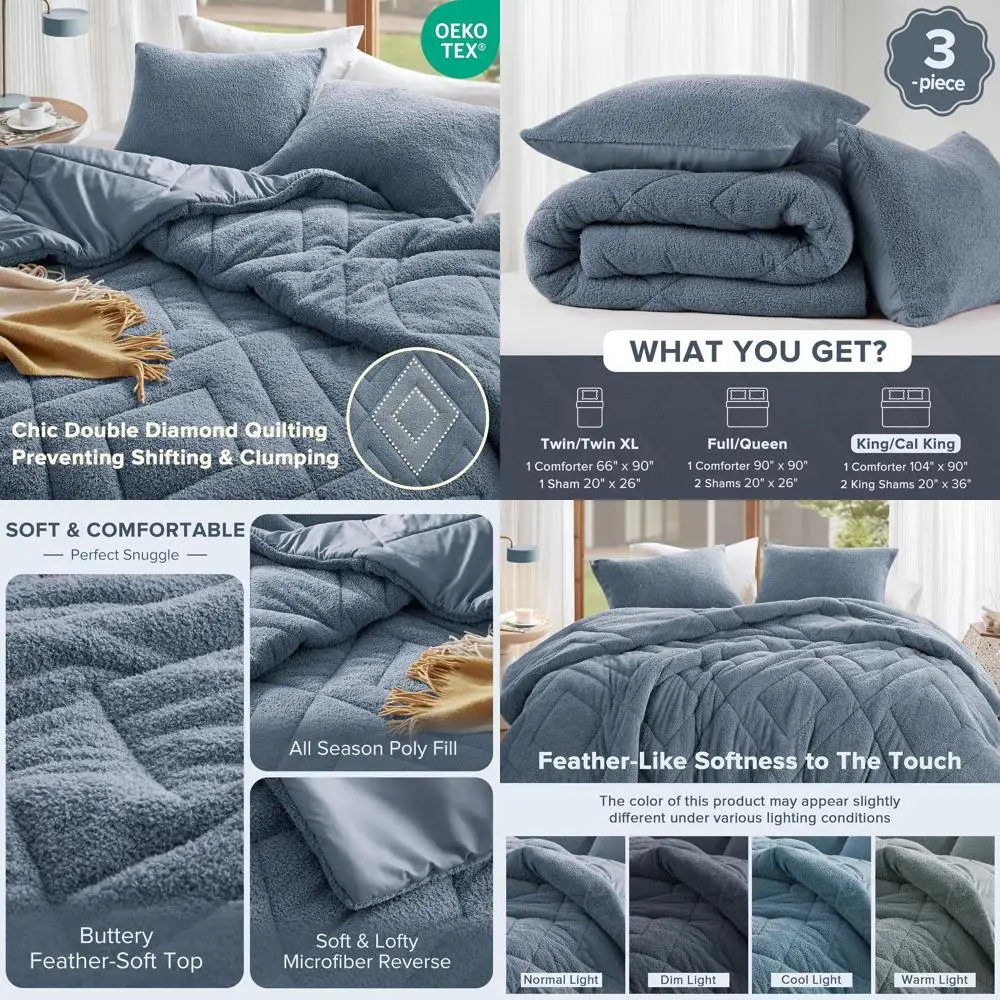 

Всесезонный легкий комплект одеял из флиса Sherpa, двусторонний, King/Cal King, синий, 3 предмета