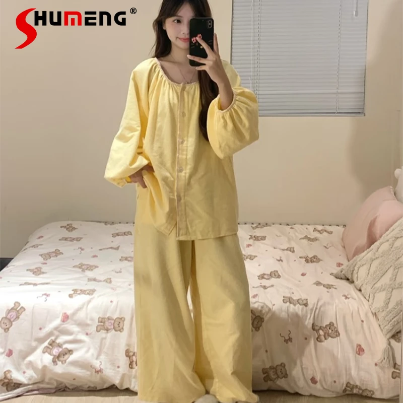 

Korean Style Yellow Pajamas for Women Round Neck Cotton Gauze Sleep Suits Female High End Simple Home Wear Set