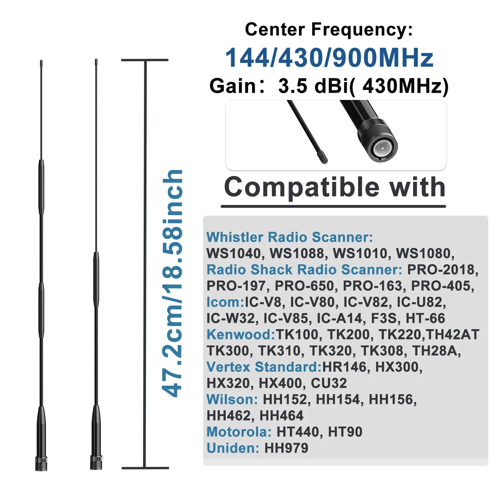 Antena RH901S BNC UHF VHF látigo suave Compatible con TK100 TK200 TH42AT Moto HT440 Vertex estándar 734, accesorio para walkie talkies