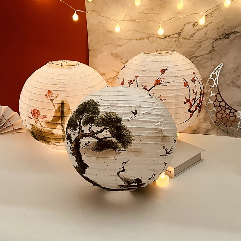 30cm Plum Blossom Pine Round Paper Lantern Chinese Oriental Style Antique Hanging Lanterns  Wedding Party Decoration For Home