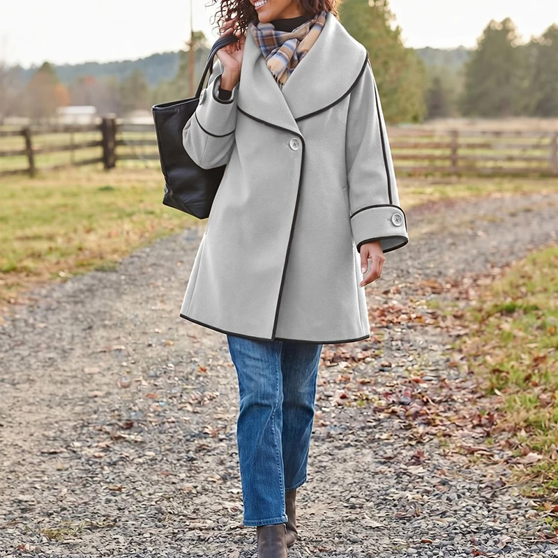 Chic Temperament Single Button Splice Jacket Chic Contrasting Color Edging Office Coat Comfortable Autumn Lapel Long Sleeved Out
