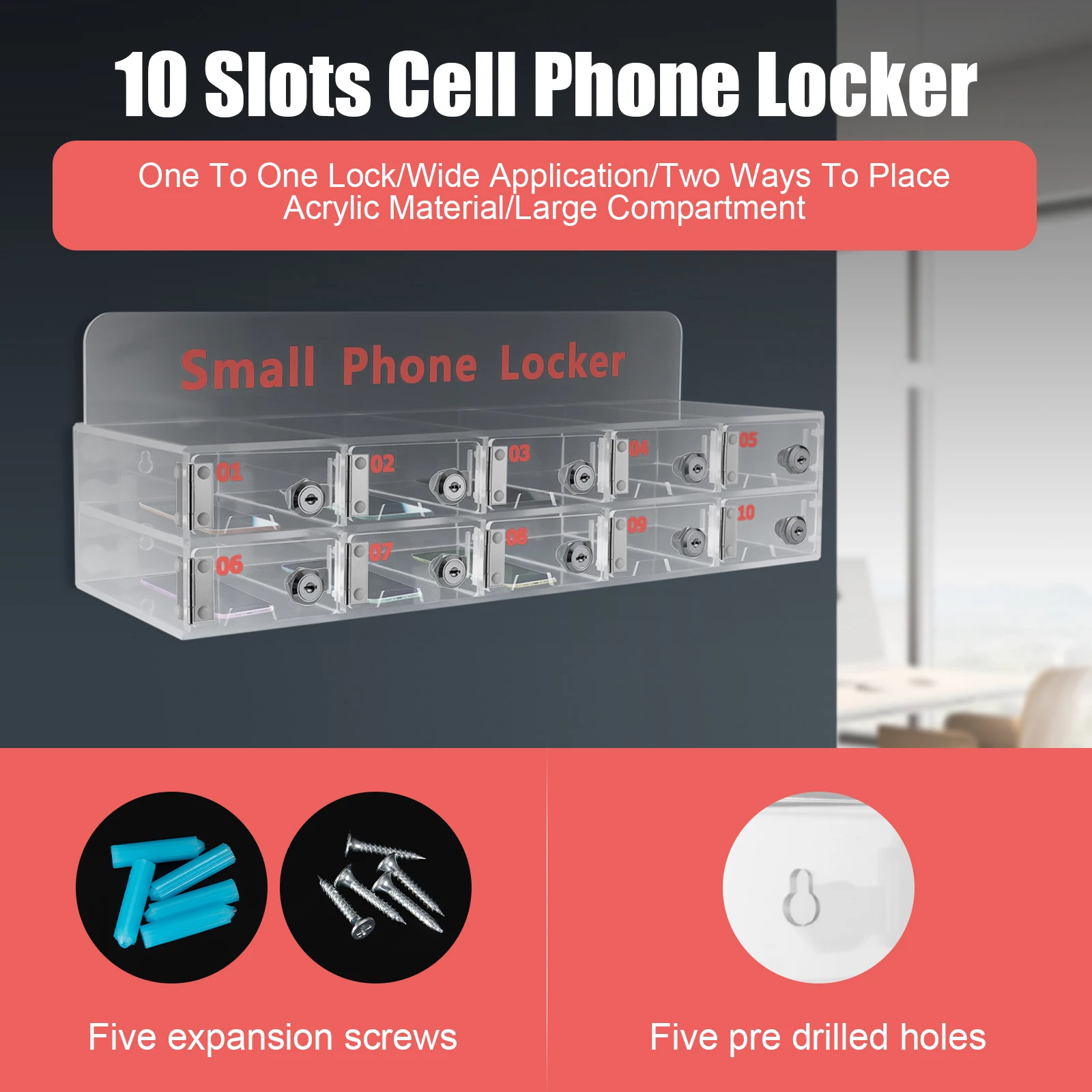 

Clear Cell Phone Locker Box with Door Locks and Keys 10-Slot Clear Acrylic Box Wall-Mounted Cell Phones Storage