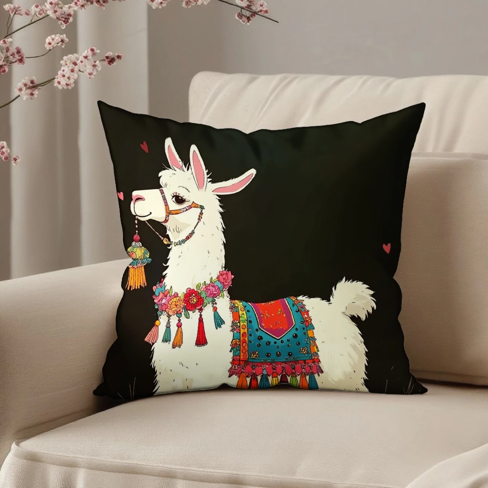 Square Throw Pillow Case Black Colorful Llama With Floral Collar And Tassels Print For Living Room Sofa Bedroom Home Decor