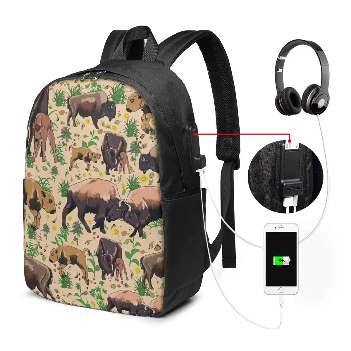 Vintage Bison Buffalo Pattern Backpack Travel Notebook Bag Computer College Student School Bag Laptop Shoulder Bags Men Women