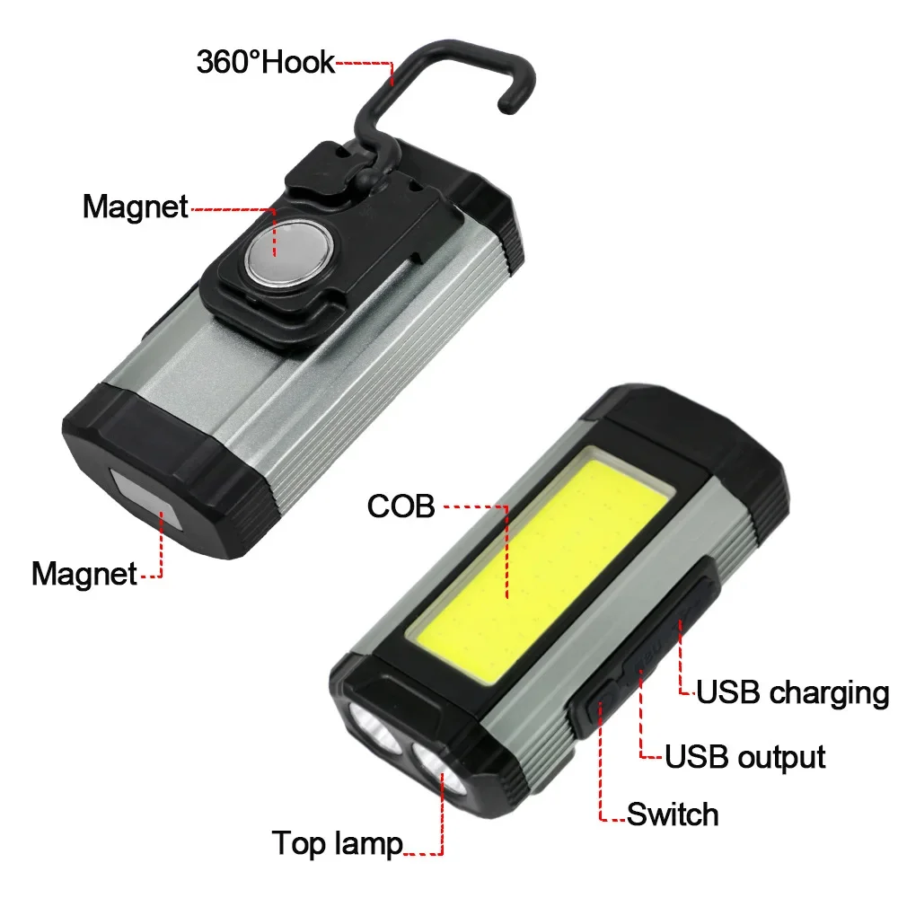 Portátil Magnetic COB LED Work Light, USB recarregável, lanterna, lanterna, camping, função Power Bank, lâmpada, 1, 2, 4pcs