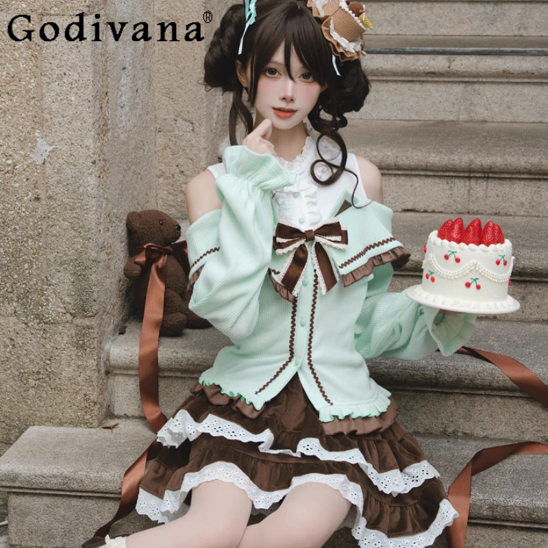 

Original Sweet Girls One-Shoulder Cute Bow Sweaters Autumn New Kawaii Long Sleeve Slim Fit Elegant Knit Pullover Top Skirt Set