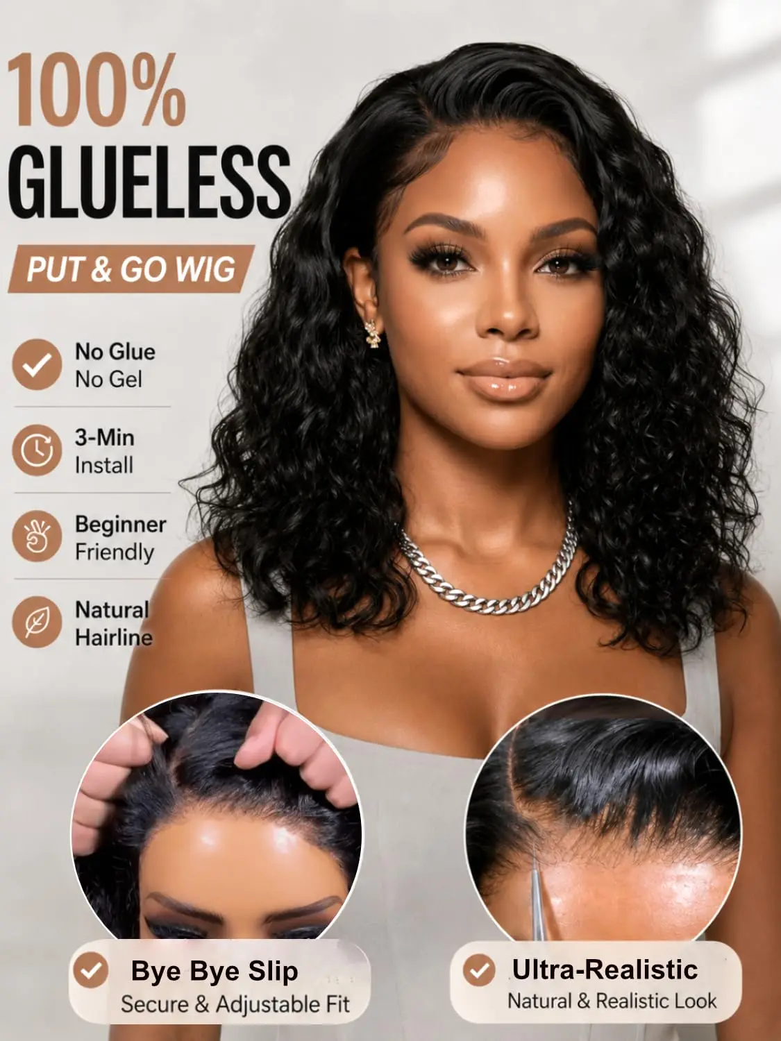 UNICE Side Part Water Wave Bob Wig Human Hair 220% Density 6x4 Glueless Lace Closure Wig with Drawstring Ready to Wear Short Curly Wig