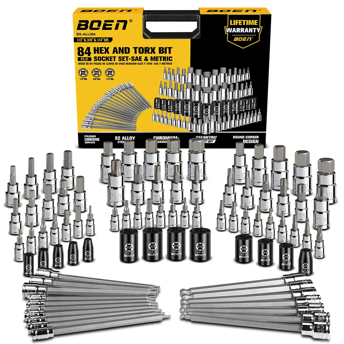 

Набор торцевых головок BOEN, 84 предмета, Master Allen & Torx, привод 1/4/3/8/1/2 дюйма, сталь S2/CR-V