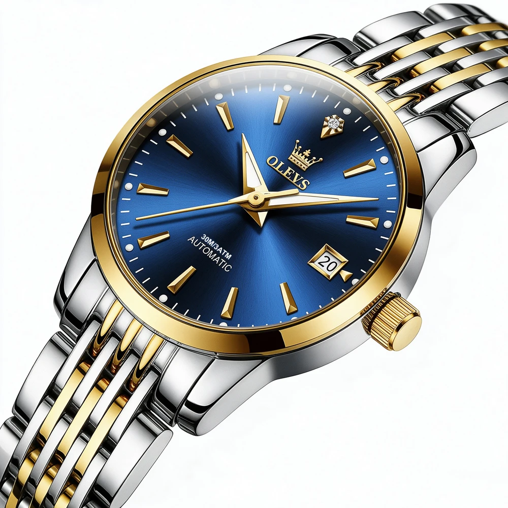 OLEVS Ladies Automatic Mechanical Watch Stainless Steel Blue Dial Date Luxury Female Wrist Watch Business Dress Gift Watch