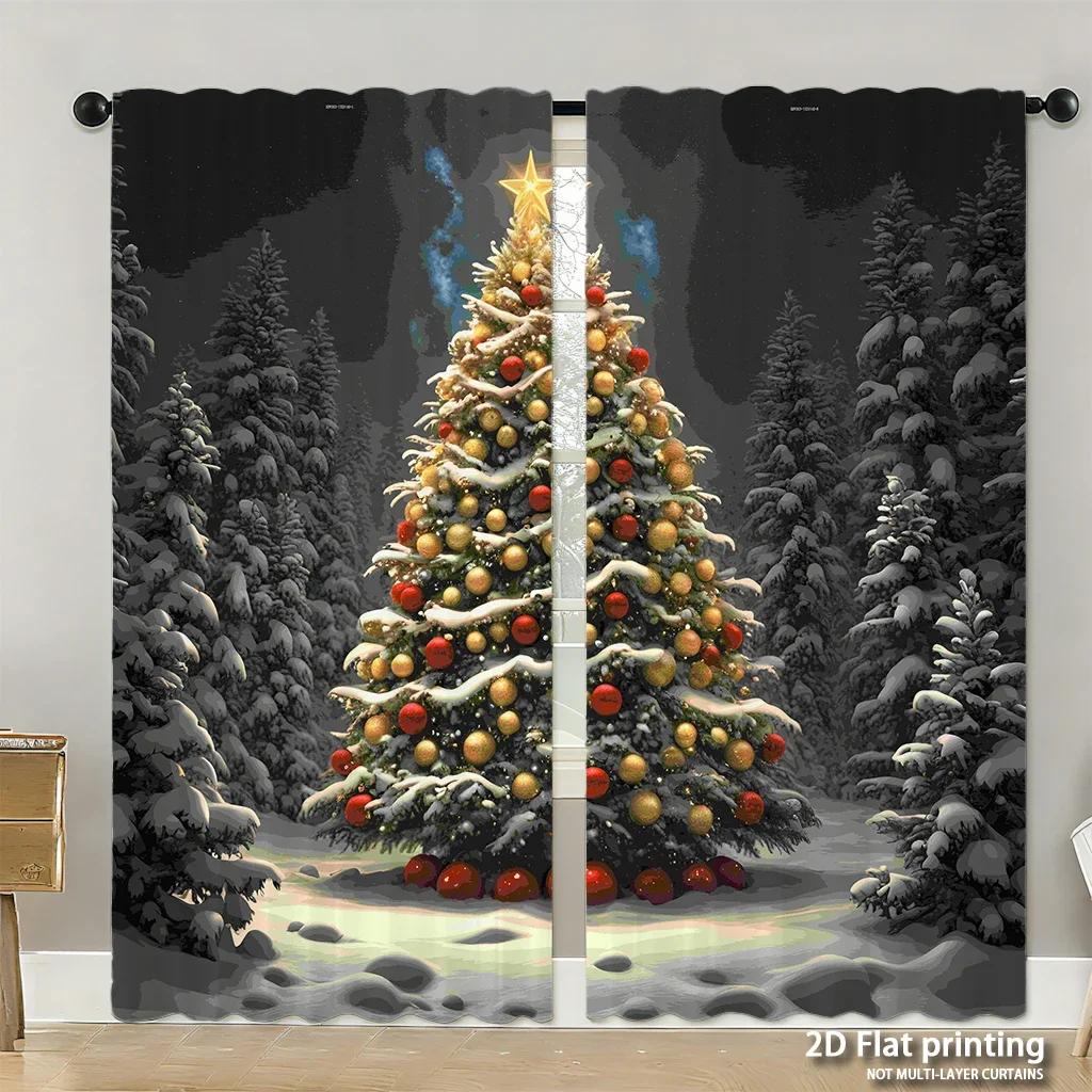 

2-piece set of high-definition digital printed curtainsChristmasTree with Golden Red Decor in SnowyForest DarkStyleHome decorati