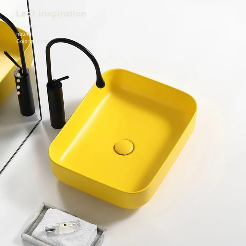 Ceramic Washroom Bathroom Sinks 9L Matte Yellow Basin Creative Countertop Wash Pool With Drainer Sets Faucet 50*40*14cm