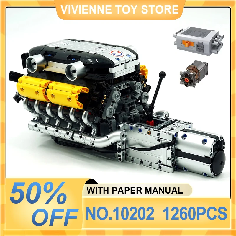 Mould King 10202 Technical Car Engine Building Blocks Motorized Supercar V12 Engine Transmission Bricks Toys Kids Christmas Gfit