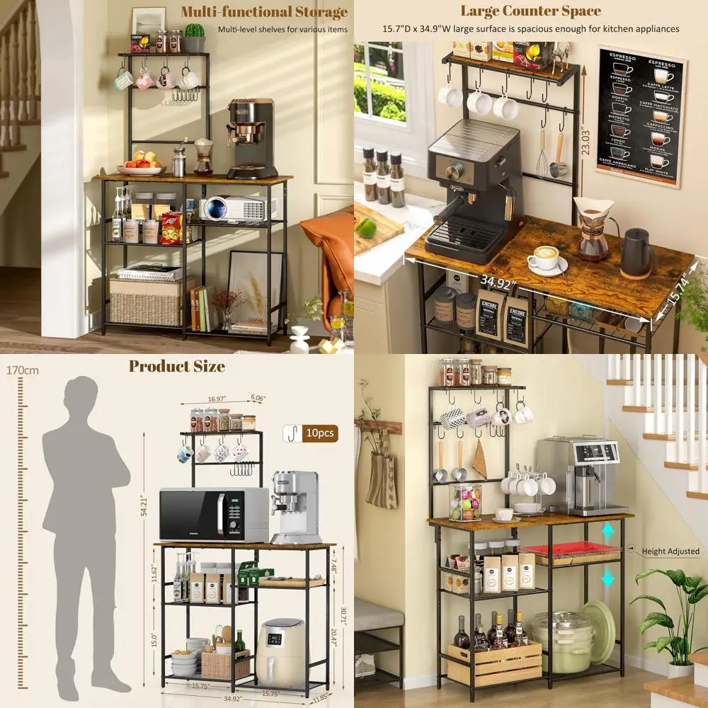 

6-Tier Coffee Bar Station, Kitchen Storage Rack with Adjustable Shelves and 10 Hooks, Rustic Brown Spices and Pots Organizer
