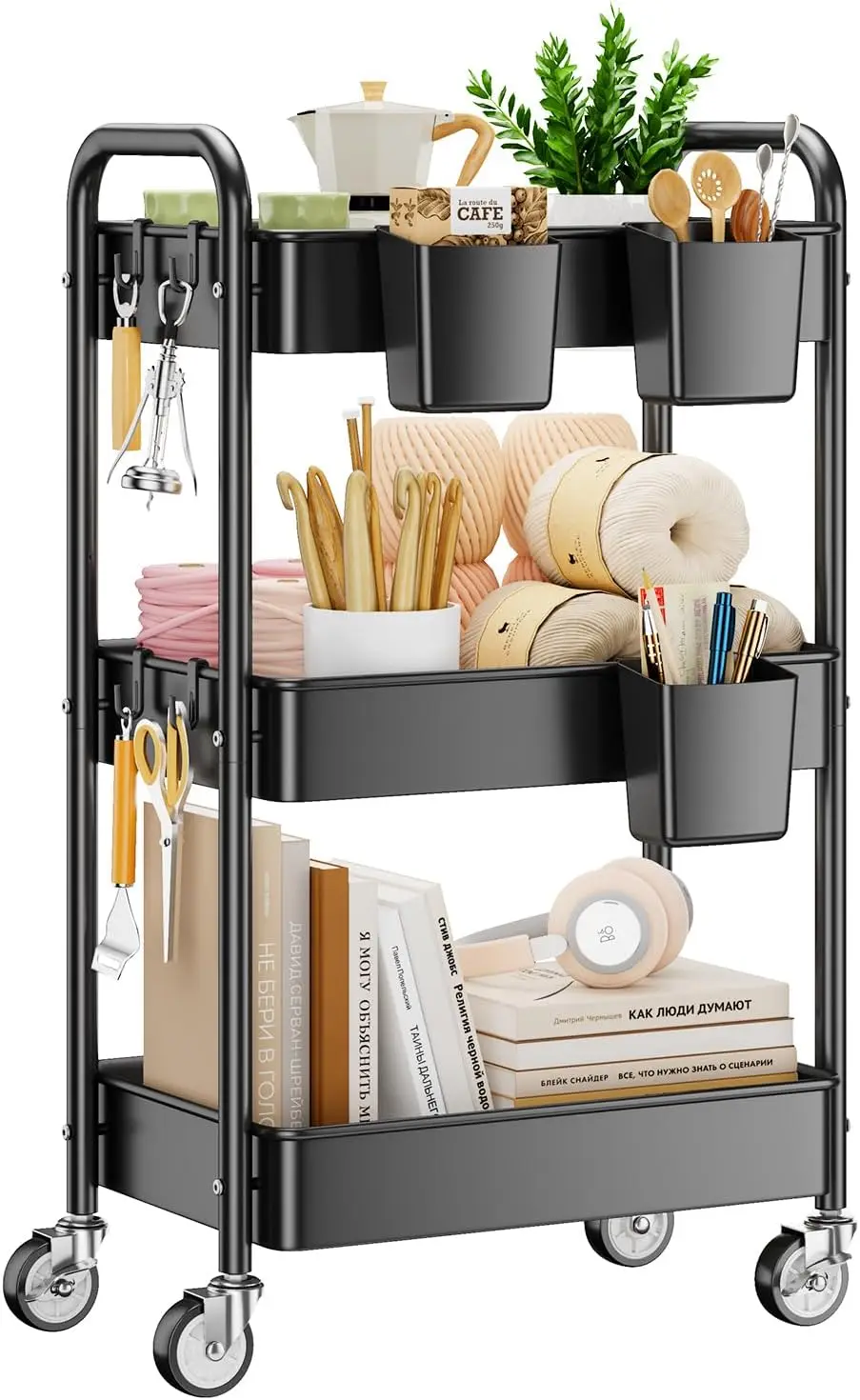 

Трехуровневая тележка на колесах с подвесными крючками и держателями для стаканов — прочный сетчатый органайзер для хранения для кухни, офиса или рукоделия